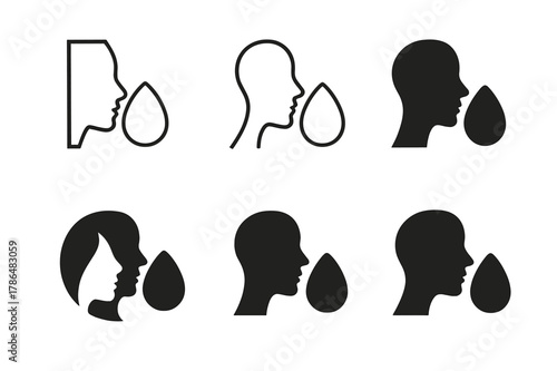 Airbrush Finish Logos. Beauty blender and foundation. Set Logo of airbrush finish: soft-focus face silhouette with blender mark. Icon set. harmonious logo