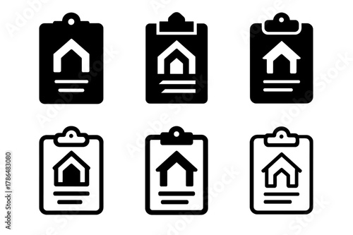 Migrant Shelter Logos. Migrant shelters. Set Logo of Migrant shelters: registration clipboard with shelter sign. Icon set. harmonious logo variations of the