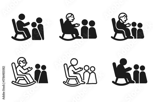 Family Story Icons. Telling family stories at a gathering. Set Logo of Telling family stories at a gathering: elder in rocking chair. Icon set. harmonious logo