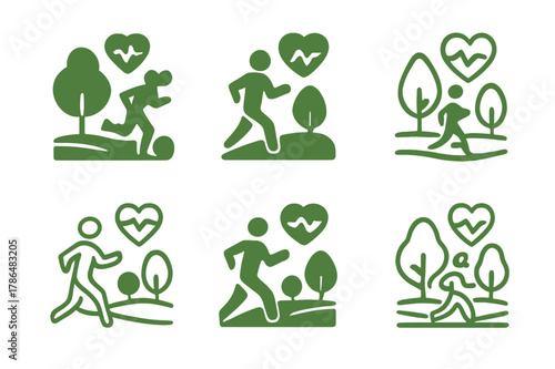 Jogging Park Logos. A person jogging in the park during the early morning, surrounded by nature. Icon set. Set Logo of a person jogging in the park during the