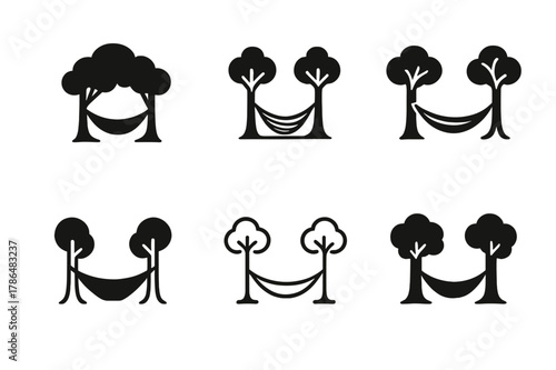 Hammock Emblem Variations. Peaceful slumber. Set Logo of Peaceful slumber: hammock between two trees. Icon set. harmonious logo variations of the