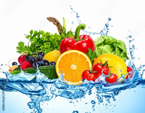 Various colorful fruits and vegetables falling into clear water creating a refreshing splash