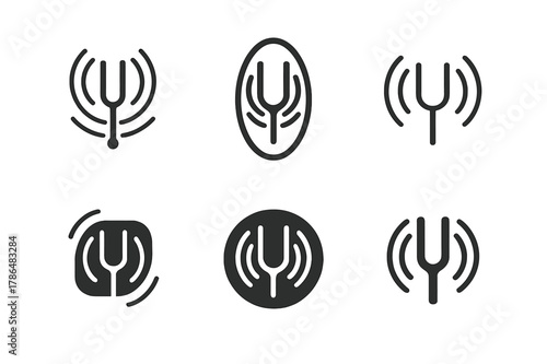Music Therapy Logos. Music therapy for health. Set Logo of music therapy for health: tuning fork with wellness aura. Icon set. harmonious logo variations of