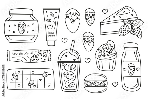Cute hand drawn outline strawberry desserts and items isolated on white background. Strawberry cheesecake, protein bar, glazed chocolate berries, macaroon, cupcake, milkshake, chocolate, jam, etc.