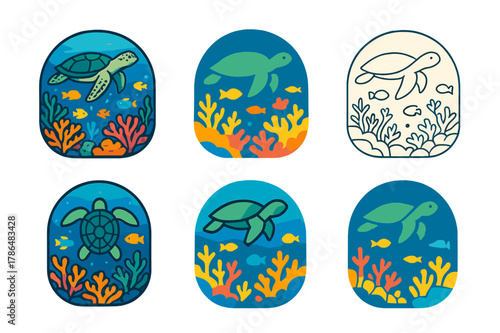 Coral Reef Icons. A vibrant coral reef teeming with colorful fish, sea turtles, and coral formations. Set Logo of A vibrant coral reef teeming with colorful