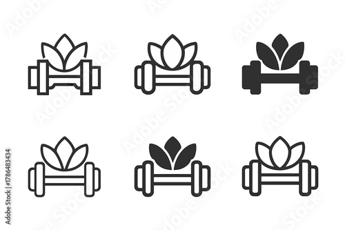 Fitness Icon Set. Fitness and workout trends (HIIT, yoga). Icon set. Set Logo of Fitness and workout trends (HIIT, yoga): dumbbell pair. harmonious logo