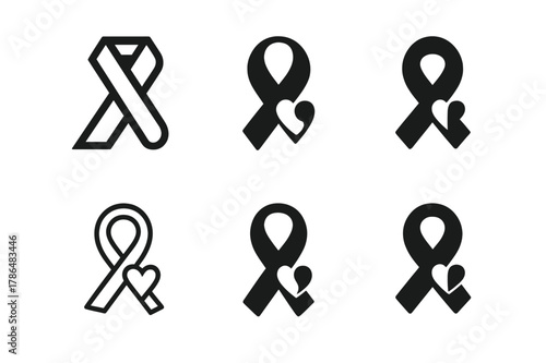 Unified Charity Emblems. Philanthropists or nonprofit workers volunteering. Set Logo of charity ribbon: awareness ribbon with small heart. Icon set. harmonious
