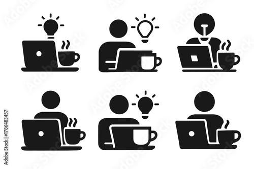 Coffee Desk Icons. Drinking coffee while working. Icon set. Set Logo of drinking coffee while working: creative desk with laptop, cup, and light bulb icon.