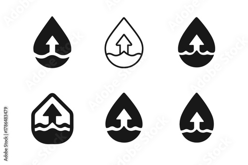 Flood Restoration Logos. Dealing with home flooding and water damage. Set Logo of dealing with home flooding and water damage: droplet with rising arrow