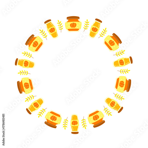Round wreath with cute flat pumpkin jam, juice and leaves isolated on white background. Seasonal autumn circle frame.