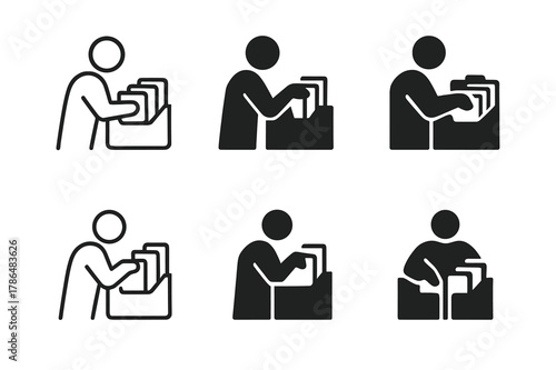 Organized Office Logos. A professional organizing business documents and files in an office. Set Logo of A professional organizing business documents and files