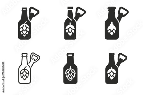 Home-brew Icons. Home-brewed beer making and bottle design. Set Logo of home-brewed beer making and bottle design: bottle opener. Icon set. harmonious logo