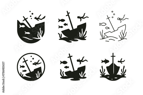 Marine Logo Variations. Underwater exploration and marine life. Icon set. Set Logo of Underwater exploration and marine life: shipwreck silhouette. harmonious