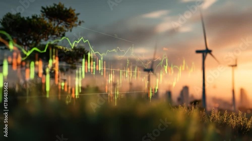 Wind turbines and city skyline at sunset overlaid with stock market data