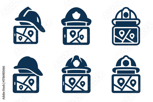 Tech-Savvy Firefighting Icons. Firefighters and emergency services working with technology. Set Logo of firefighters and emergency services working with