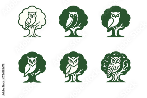 Forest Spirit Logos. A forest spirit guarding an ancient oak tree. Set Logo of a forest spirit guarding an ancient oak tree: owl sentinel perched on oak