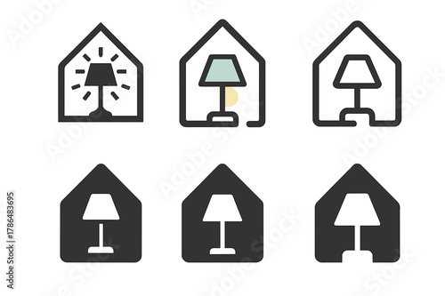 Home Lighting Logos. Lighting design for the home. Icon set. Set Logo of lighting design for the home: table lamp. harmonious logo variations of the same