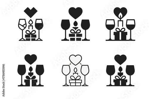 Valentine Logo Variations. Valentine?s Day celebrations and gifts. Set Logo of Valentine?s Day celebrations and gifts: romantic candlelit dinner setting. Icon