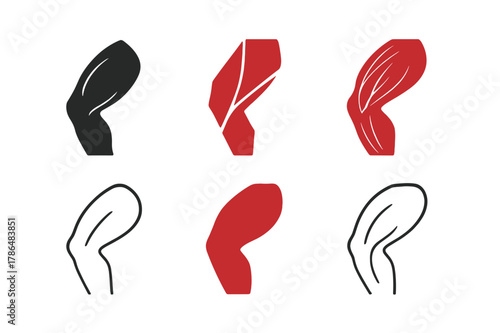 Muscle Movement Icons. How muscles move. Icon set. Set Logo of how muscles move: anatomical leg muscle. harmonious logo variations of the same emblematic