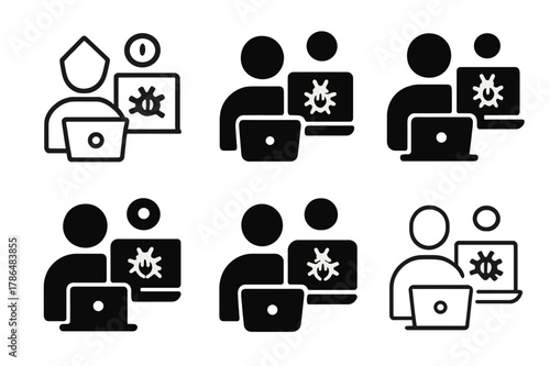 IT Logo Variations. IT professionals and programmers coding. Icon set. Set Logo of IT professionals and programmers coding: debugging bug with breakpoint.