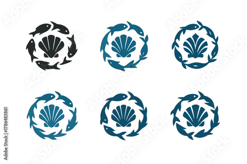 Tidal Pool Logos. Tidal pools and their diverse aquatic life. Set Logo of small fish school: darting fish circling shell. Icon set. harmonious logo variations