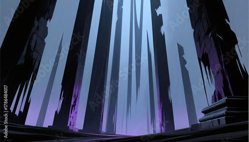 Dark abstract landscape with towering structures and a purple glow  