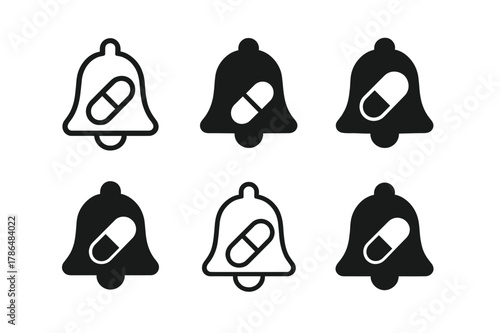 Healthcare App Icons. Healthcare mobile app. Set Logo of Healthcare mobile app: pill reminder notification bell. Icon set. harmonious logo variations of the