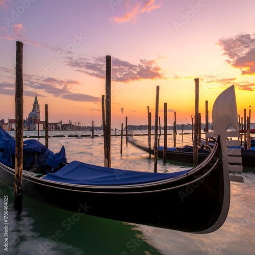 Venetian gondola moored at dusk. Sunset paints the sky orange and pink