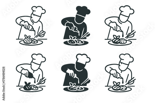 Chef's Artistic Touch. A chef adding a drizzle of balsamic glaze over a dish of grilled vegetables. Set Logo of A chef adding a drizzle of balsamic glaze over