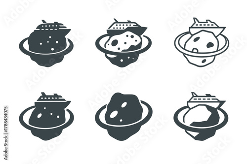 Futuristic Space Travel Icons. Space tourism and futuristic travel experiences. Icon set. Set Logo of space tourism and futuristic travel experiences: asteroid