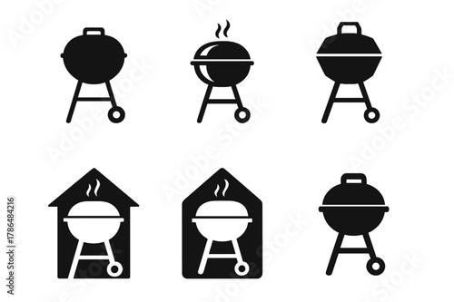 Barbecue Logo Variations. Home barbecues and outdoor kitchens. Icon set. Set Logo of home barbecues and outdoor kitchens: portable charcoal kettle grill.