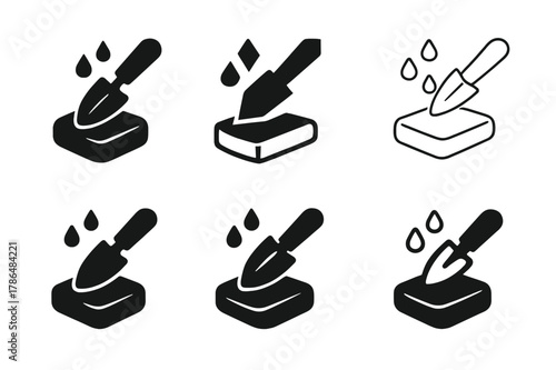 Gardening Tool Logos. Sharpening gardening tools. Icon set. Set Logo of sharpening gardening tools: whetstone with water drops. harmonious logo variations of