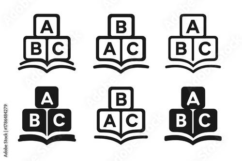 Alphabet Blocks Logos. Childhood literacy programs. Set Logo of childhood literacy programs: alphabet blocks A?B?C stacked into a book shape. Icon set.