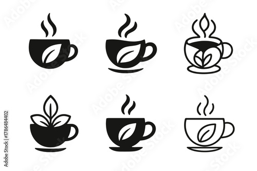 Herbal Tea Logo Variations. Peaceful slumber. Set Logo of Peaceful slumber: steaming herbal tea cup. Icon set. harmonious logo variations of the same