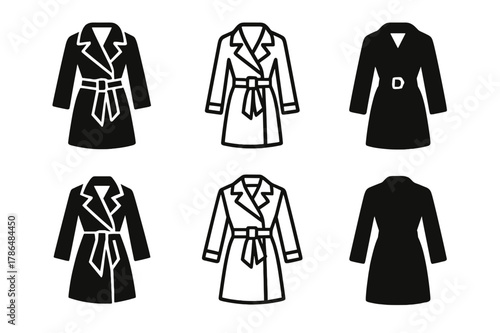 Womenswear Fashion Icons. Womenswear fashion. Icon set. Set Logo of Womenswear fashion: tailored trench coat with belt. harmonious logo variations of the same