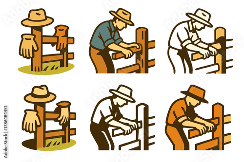 Farmer Fence Logo Variations. A farmer repairing a wooden fence in a field. Set Logo of A farmer repairing a wooden fence in a field: work gloves and hat on