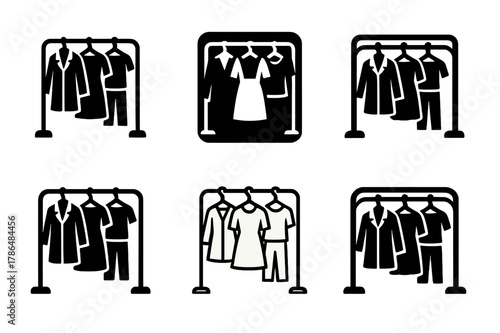 Women's Fashion Icons. Womenswear fashion. Icon set. Set Logo of Womenswear fashion: capsule wardrobe rack with mix-and-match pieces. harmonious logo