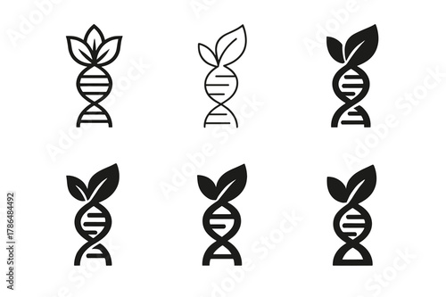 Genetic Modification Logos. Genetic modification. Set Logo of genetic modification: double helix merging with leaf. Icon set. harmonious logo variations of the