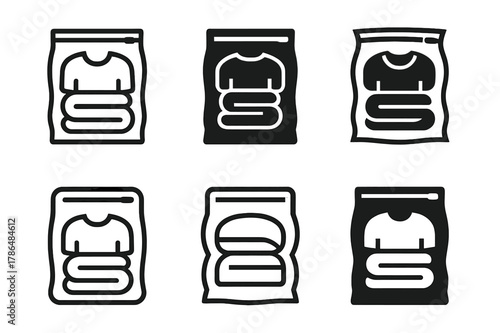 Vacuum Storage Icons. Storing off-season clothes in vacuum-sealed bags. Icon set. Set Logo of storing off-season clothes in vacuum-sealed bags: sealed zipper