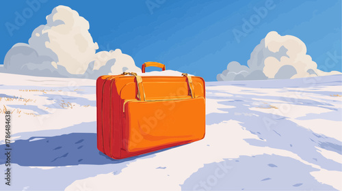 Packed suitcase standing on snow in a simple winter scene, flat vector for packaging, travel poster or decor, clean minimal composition and bold colors