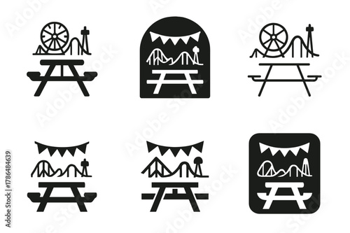 Amusement Park Icons. May day at an amusement park. Icon set. Set Logo of May day at an amusement park: picnic bench with bunting and ride silhouettes.