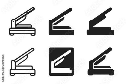Bookbinding Logo Variations. Bookbinding. Icon set. Set Logo of Bookbinding: guillotine paper trimmer. harmonious logo variations of the same emblematic