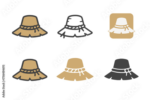Scarecrow Hat Logos. Scarecrow hat. Set Logo of scarecrow hat: straw-textured hat with rope band. Icon set. harmonious logo variations of the same emblematic