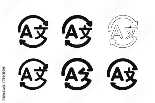 AI Translation Icon Variations. language translation AI. Set Logo of language translation AI: circular arrow connecting two alphabet letters. Icon set.
