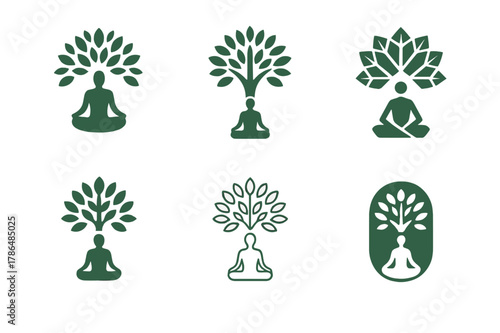 Nature Therapy Logos. Nature-based therapies for mental health. Set Logo of Nature-based therapies for mental health: person meditating under tree canopy. Icon