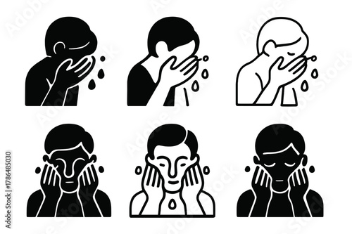 Face Washing Icons. Washing your face. Icon set. Set Logo of Washing your face: morning skincare ritual. harmonious logo variations of the same emblematic
