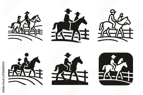 Family Horseback Emblems. A family riding horses through a farm?s open pasture. Icon set. Set Logo of a family riding horses through a farm?s open pasture: