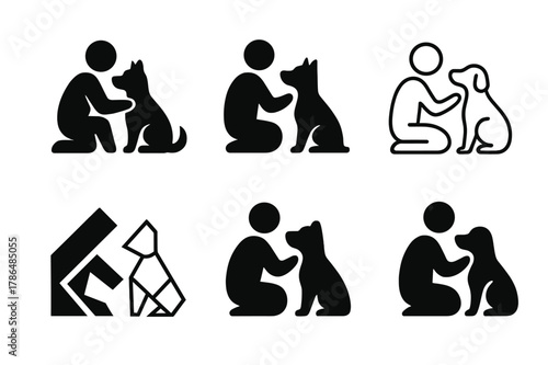 Pet Adoption Logos. Pet adoption services and advocacy. Set Logo of Pet adoption services and advocacy: person and dog silhouette. Icon set. harmonious logo