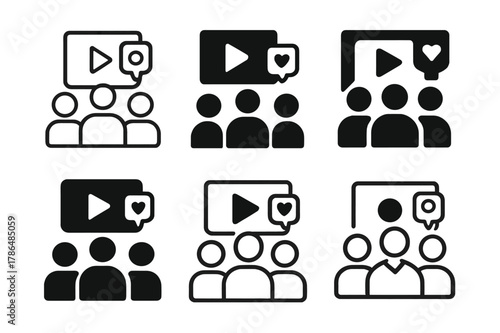 Marketing Logo Variations. Marketing team discussing campaign strategy. Icon set. Set Logo of Marketing team discussing campaign strategy: social media