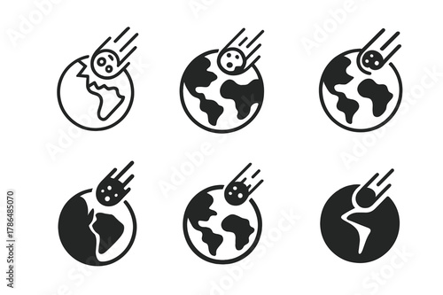 Asteroid Impact Logos. Asteroids and meteor impacts on Earth. Set Logo of asteroids and meteor impacts on Earth: Chicxulub crater outline. Icon set. harmonious